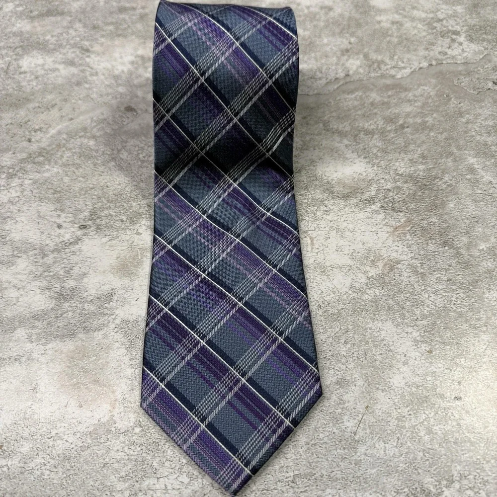 Pronto Uomo Tie Mens One Size Blue Purple Plaid 100% Silk Woven‎ Classic Necktie